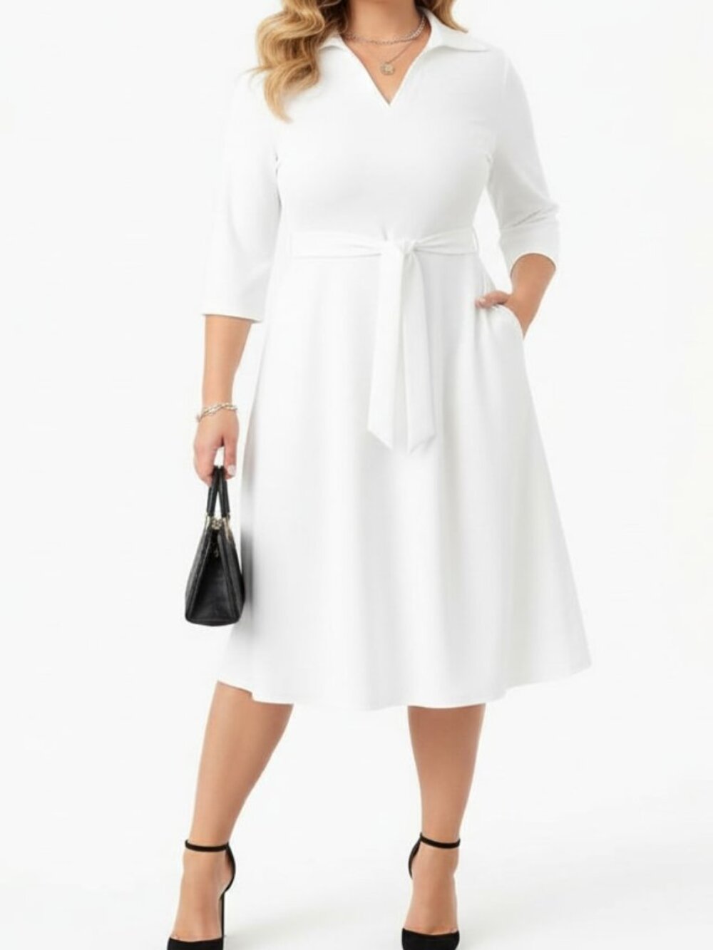 NWOT White Knee Length 3/4 Sleeve Belted Dress Collared Neck size 2XL